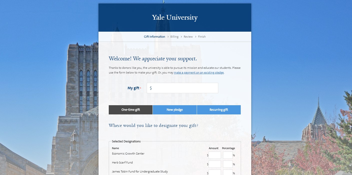 Yale Give website screen capture