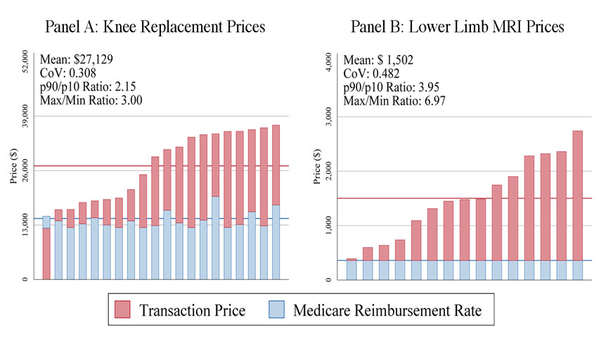 Graph of Within-market variance in hospital prices for knee replacements and lower-limb MRIs in Philadelphia PA