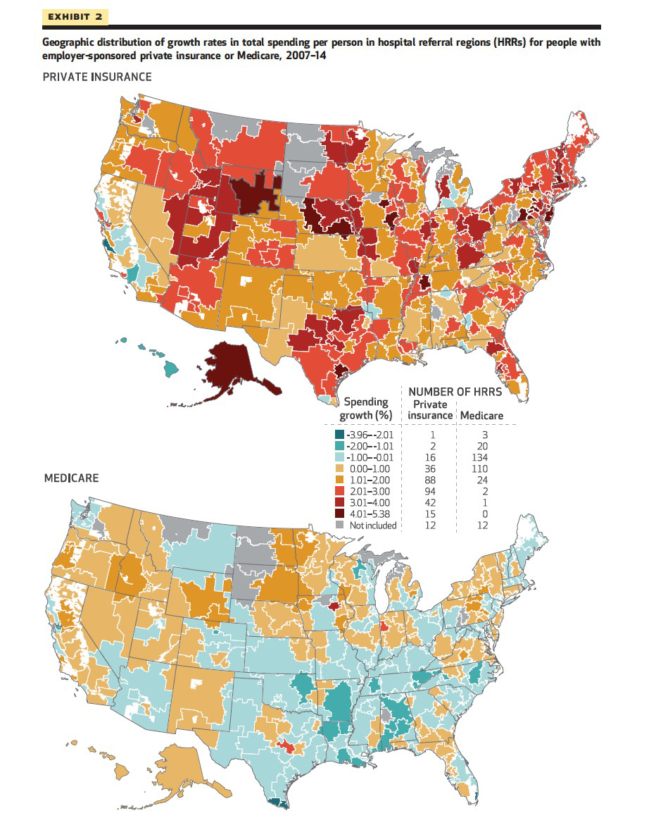 Geographic distribution of growth rates in total spending per person in hospital referral regions.