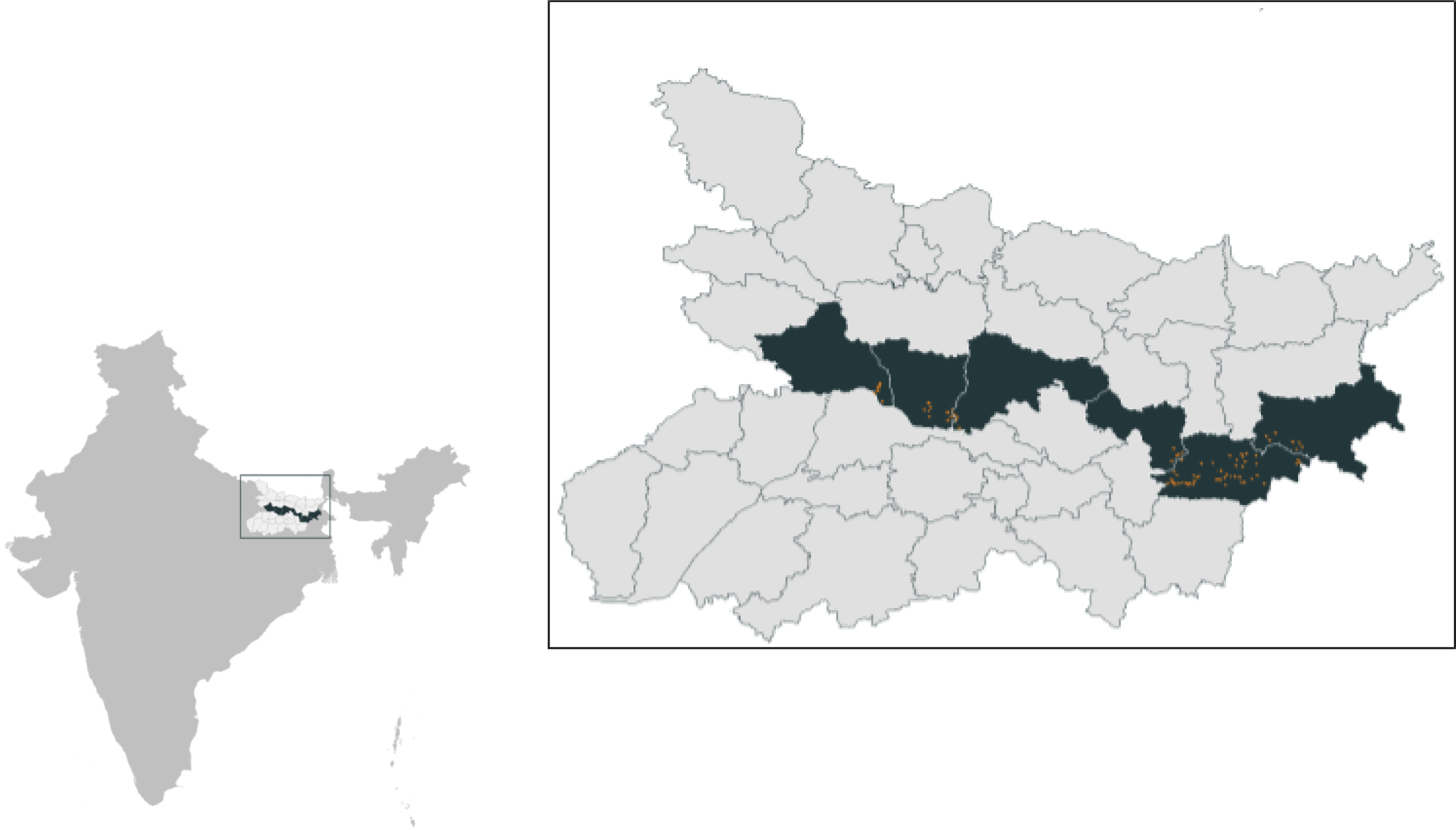Map of Bihar enlarged to show villages in the 2020 Yale -Google survey.