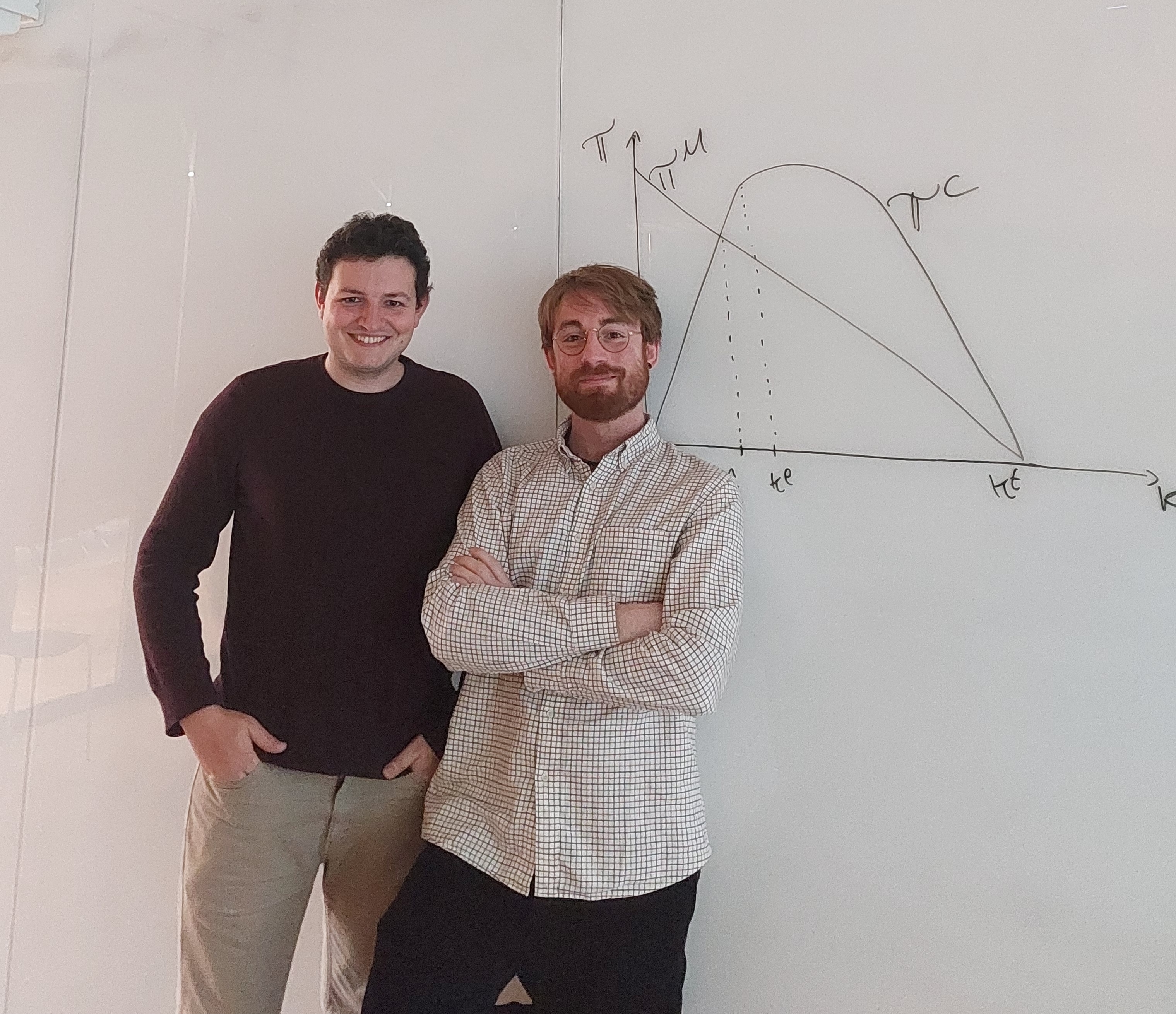 Carlo Cusumano and Ferdinand Pieroth standing next to a whiteboard with a graph drawn on it