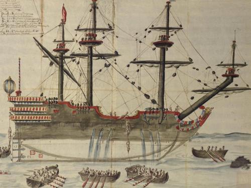 sketch of a ship and boats representing explorations in the past