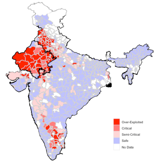 The figure shows the rate of groundwater exploitation by district, as classified by the Central Groundwater Board, Government of India.