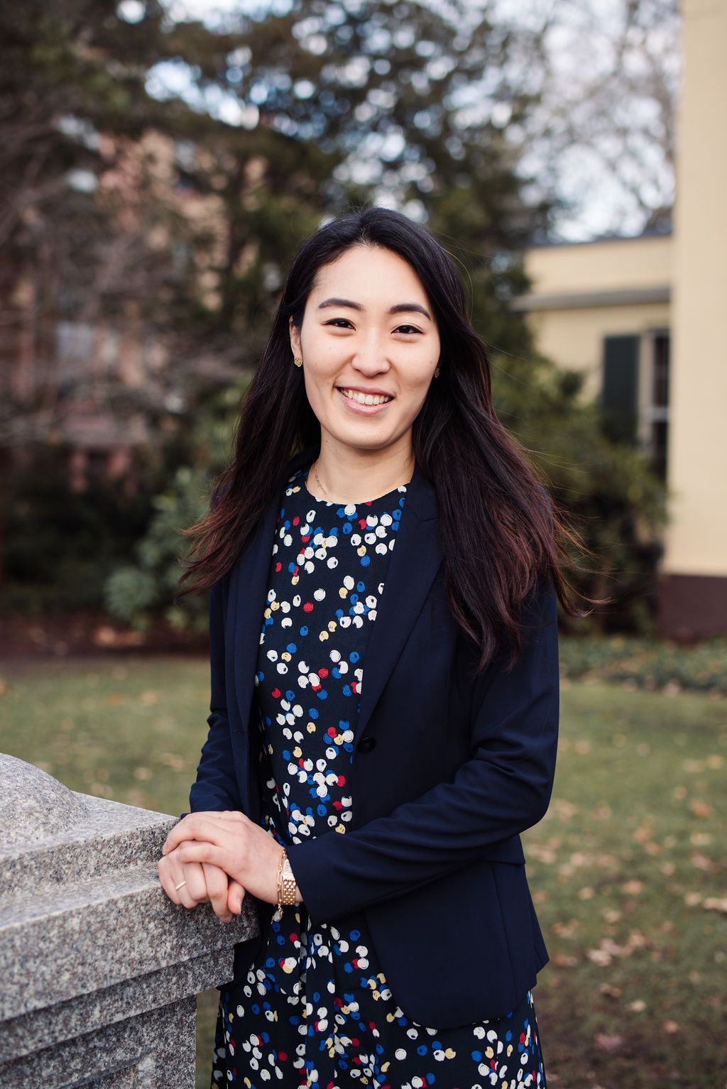 Sun Kyoung Lee outside the Economic Growth Center on Hillhouse Avenue. Photo by Julia Luckett.