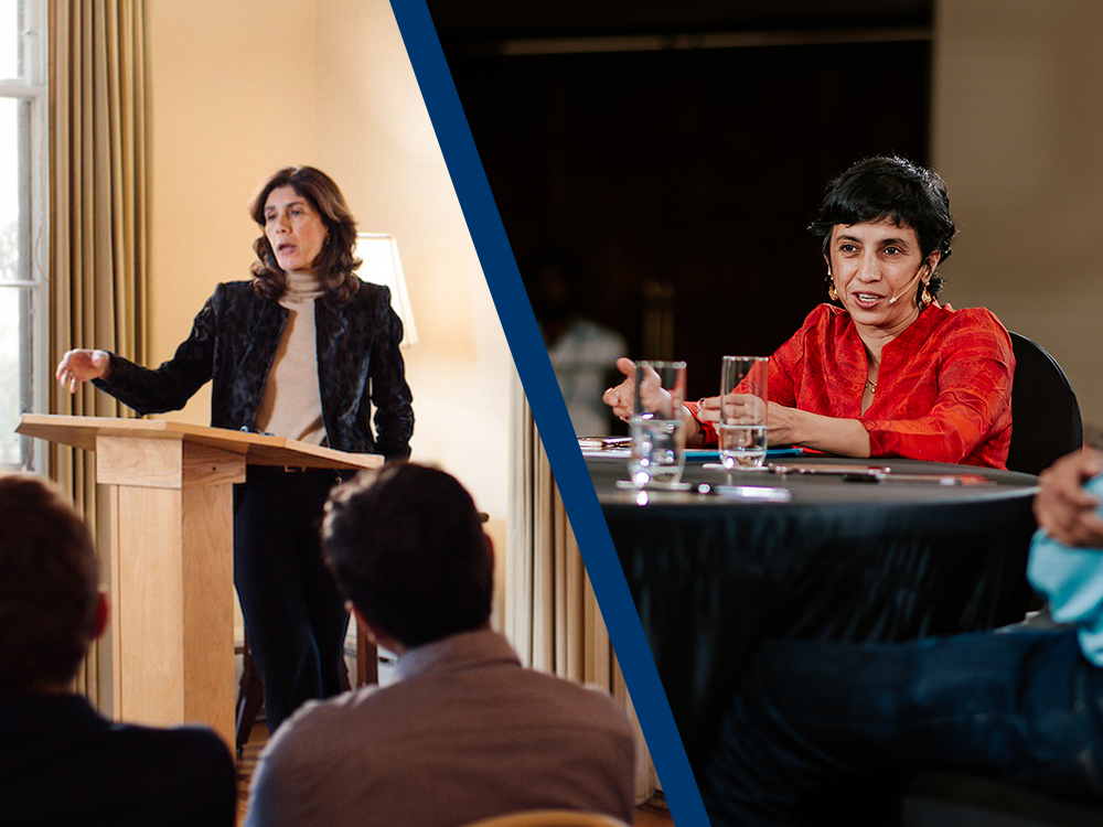 A split image of Penny Goldberg and Rohini Pande each speaking