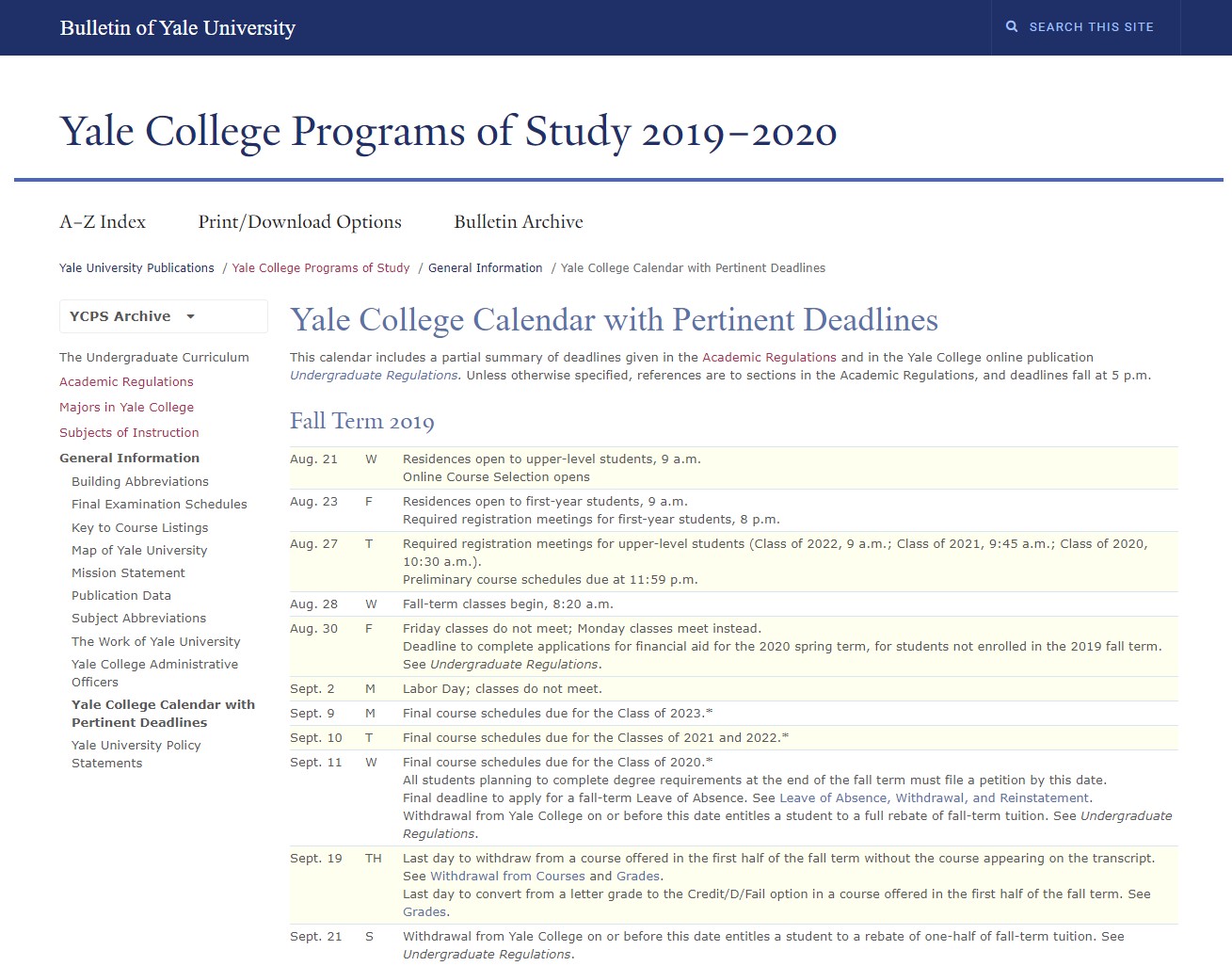 Yale College Calendar Screenshot