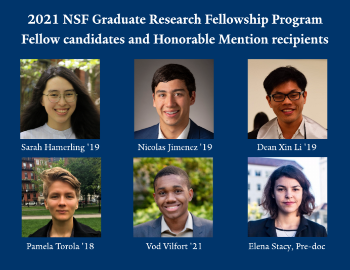 2021 NSF GRFP selections Sarah Hamerling '19, Nicolas Jimenez '19, Dean Xin Li '19, Pamela Torola '18, Vod Vilfort '21, and Elena Stacy