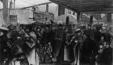 Immigrants disembark at the Castle Garden immigration processing center in New York City