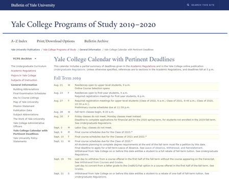 Yale College Calendar Screenshot